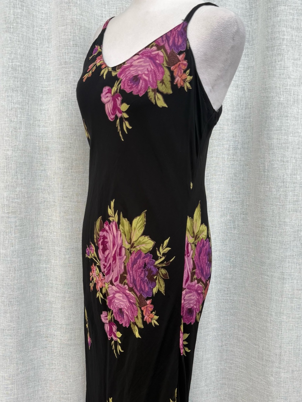 Y2K Temptation black purple roses print maxi sleeveless bias cut rayon  dress - Picture 2 of 10